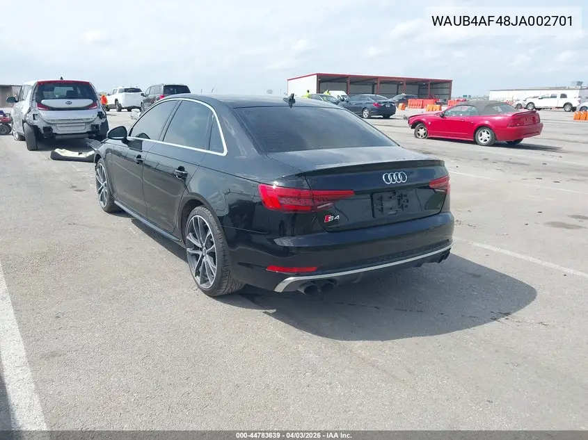 2018 Audi S4 3.0T Premium Plus VIN: WAUB4AF48JA002701 Lot: 44783639