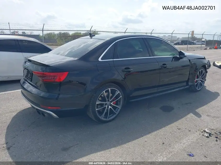 2018 Audi S4 3.0T Premium Plus VIN: WAUB4AF48JA002701 Lot: 44783639