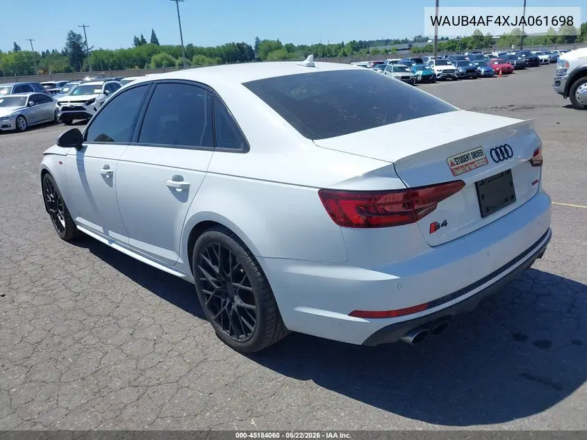 2018 Audi S4 3.0T Premium Plus VIN: WAUB4AF4XJA061698 Lot: 45184060