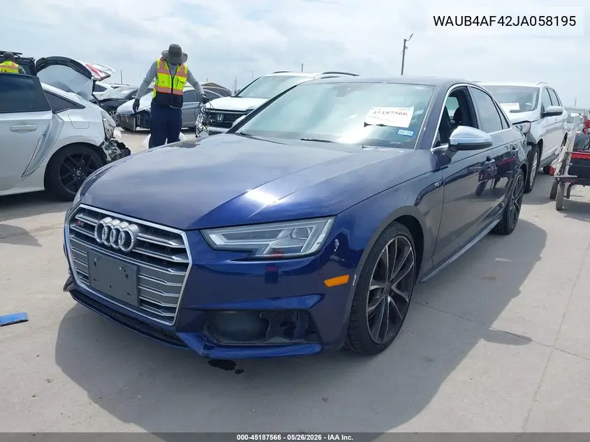 2018 Audi S4 3.0T Premium Plus VIN: WAUB4AF42JA058195 Lot: 45187566