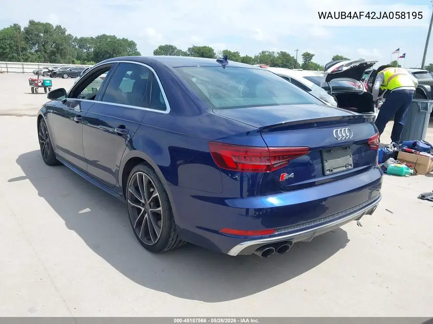 2018 Audi S4 3.0T Premium Plus VIN: WAUB4AF42JA058195 Lot: 45187566