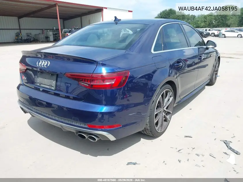 2018 Audi S4 3.0T Premium Plus VIN: WAUB4AF42JA058195 Lot: 45187566