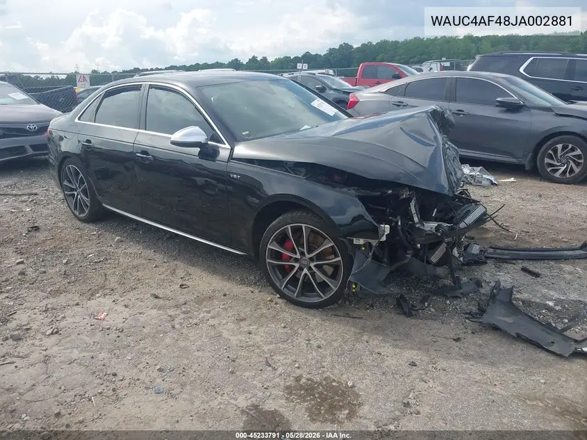 2018 Audi S4 3.0T Premium Plus VIN: WAUC4AF48JA002881 Lot: 45233791