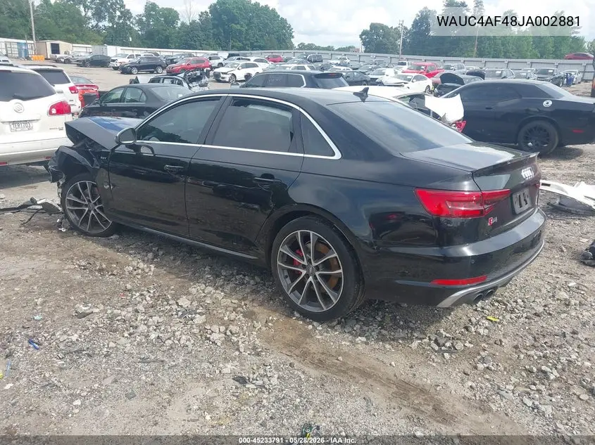 2018 Audi S4 3.0T Premium Plus VIN: WAUC4AF48JA002881 Lot: 45233791