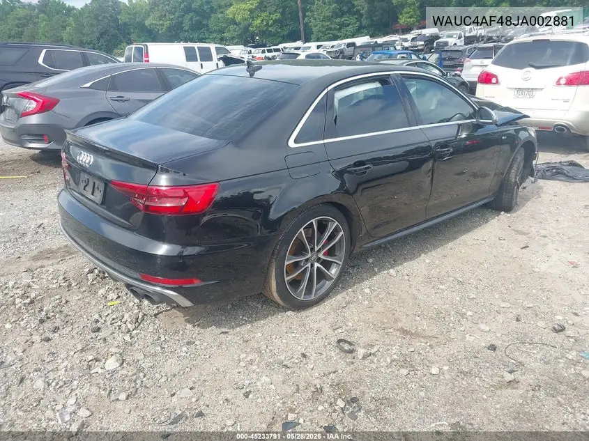 2018 Audi S4 3.0T Premium Plus VIN: WAUC4AF48JA002881 Lot: 45233791
