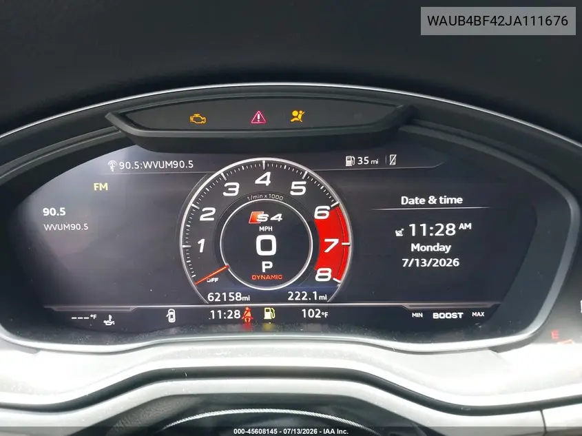 2018 Audi S4 3.0T Premium Plus VIN: WAUB4BF42JA111676 Lot: 45608145