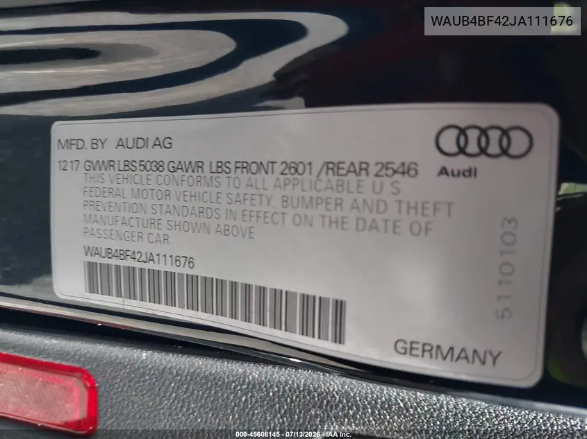 2018 Audi S4 3.0T Premium Plus VIN: WAUB4BF42JA111676 Lot: 45608145