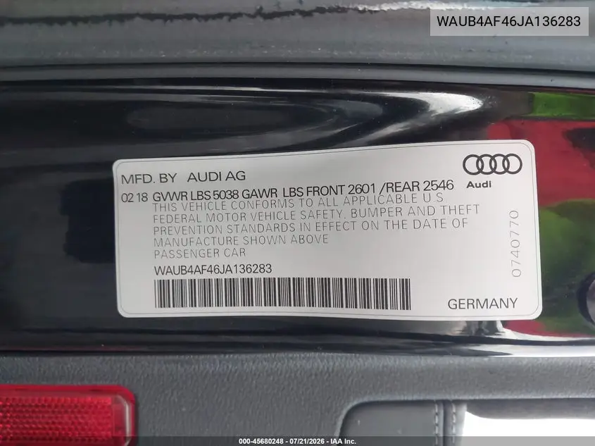 2018 Audi S4 3.0T Premium Plus VIN: WAUB4AF46JA136283 Lot: 45680248