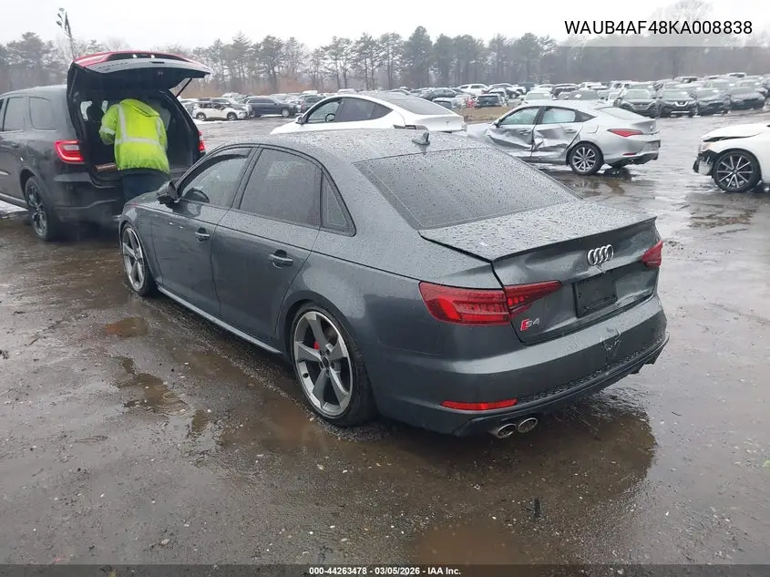 2019 Audi S4 3.0T Premium VIN: WAUB4AF48KA008838 Lot: 44263478