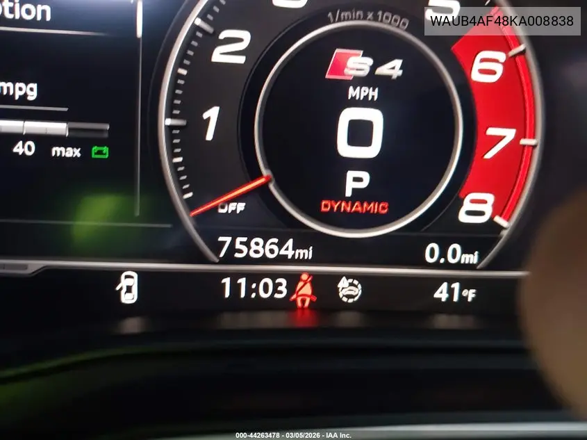 2019 Audi S4 3.0T Premium VIN: WAUB4AF48KA008838 Lot: 44263478