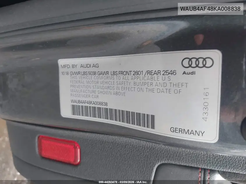 2019 Audi S4 3.0T Premium VIN: WAUB4AF48KA008838 Lot: 44263478