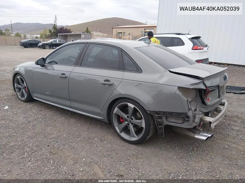 2019 Audi S4 3.0T Premium VIN: WAUB4AF40KA052039 Lot: 44870380