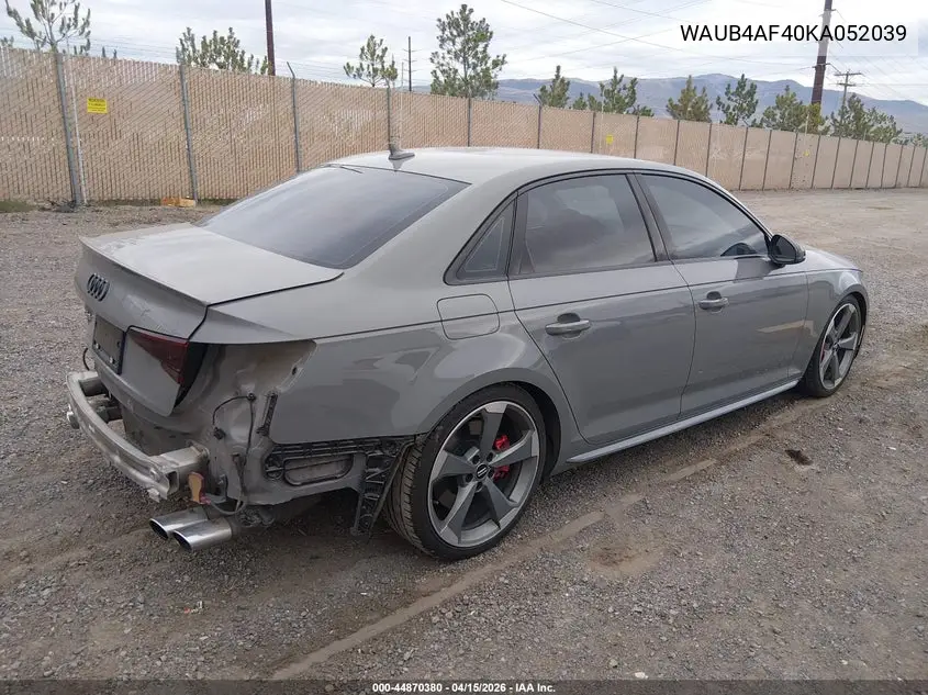 2019 Audi S4 3.0T Premium VIN: WAUB4AF40KA052039 Lot: 44870380