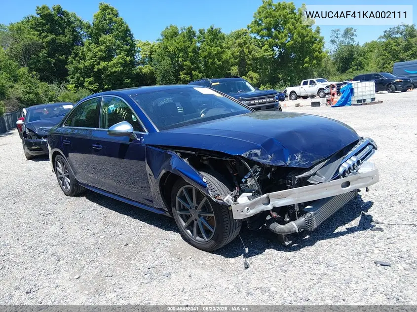 2019 Audi S4 3.0T Premium VIN: WAUC4AF41KA002111 Lot: 45458341