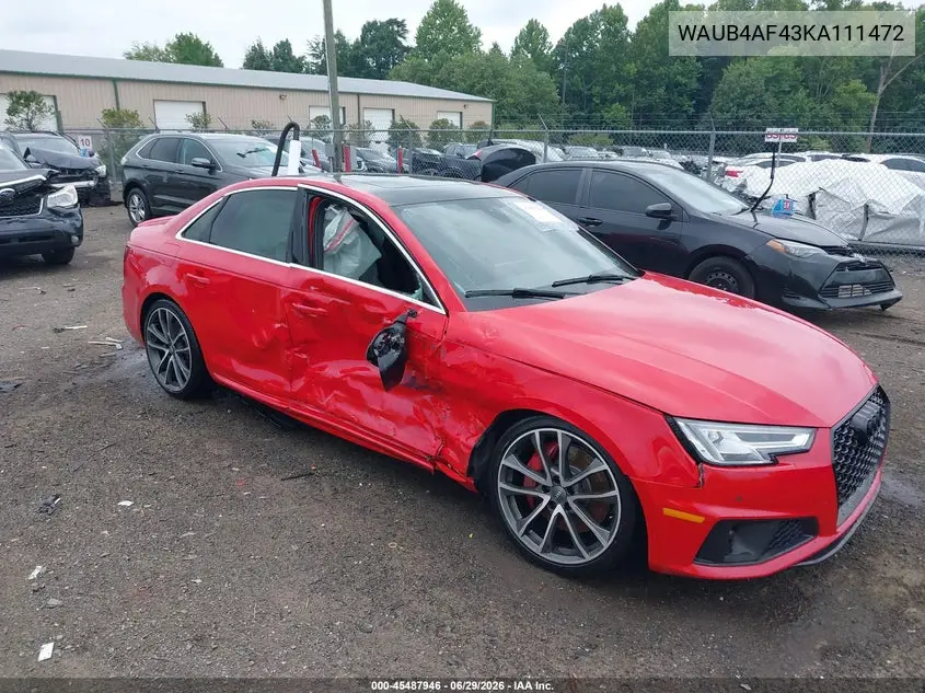 2019 Audi S4 3.0T Premium VIN: WAUB4AF43KA111472 Lot: 45487946