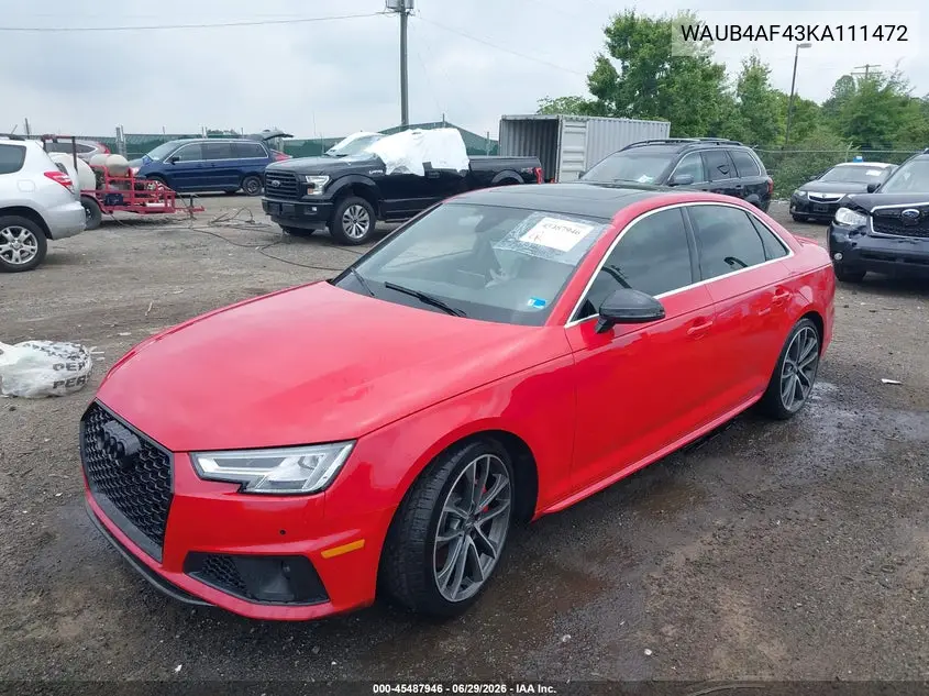 2019 Audi S4 3.0T Premium VIN: WAUB4AF43KA111472 Lot: 45487946