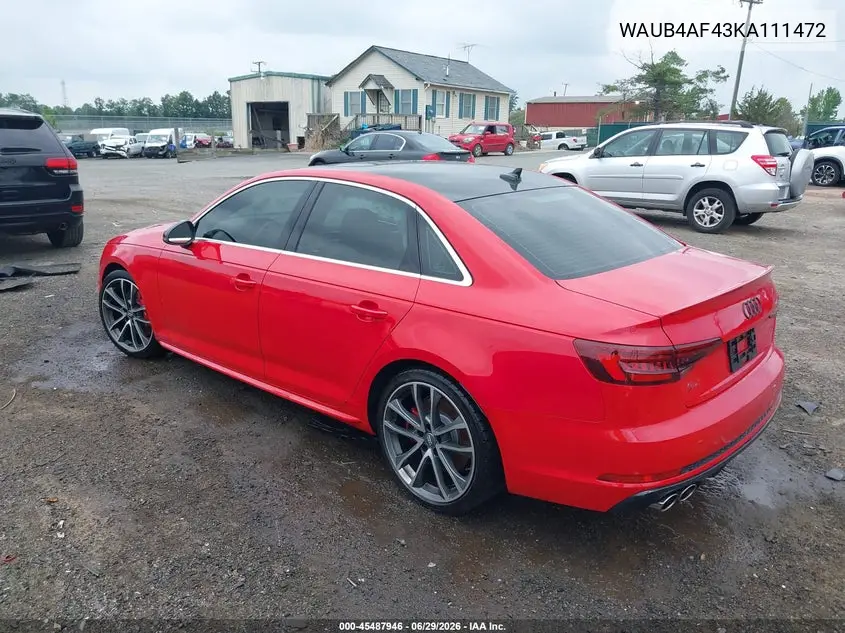 2019 Audi S4 3.0T Premium VIN: WAUB4AF43KA111472 Lot: 45487946