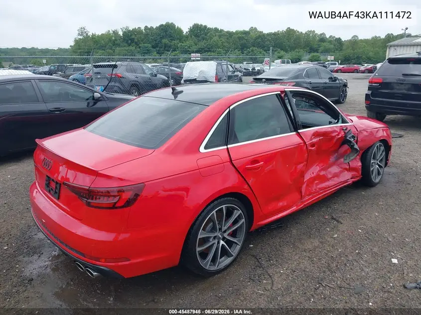 2019 Audi S4 3.0T Premium VIN: WAUB4AF43KA111472 Lot: 45487946