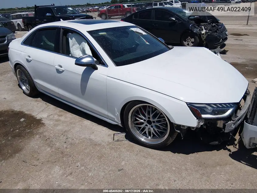2020 Audi S4 Premium Plus Tfsi Quattro Tiptronic VIN: WAUB4AF49LA022409 Lot: 45405282