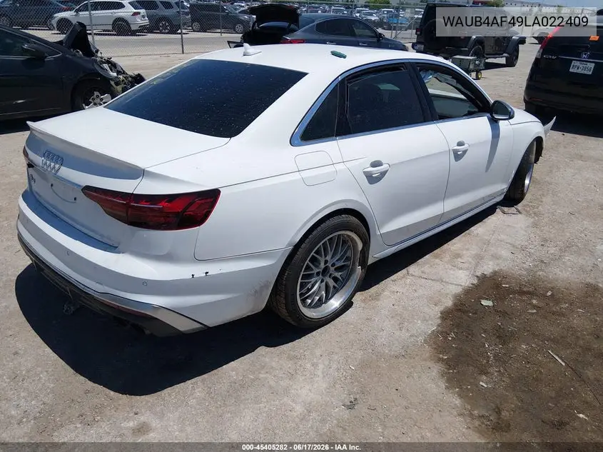 2020 Audi S4 Premium Plus Tfsi Quattro Tiptronic VIN: WAUB4AF49LA022409 Lot: 45405282