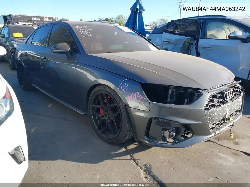 2021 Audi S4 Premium Plus Tfsi Quattro Tiptronic VIN: WAUB4AF44MA063242 Lot: 44104029