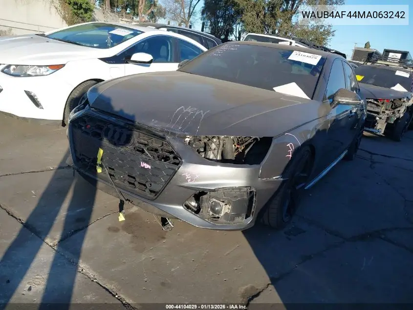 2021 Audi S4 Premium Plus Tfsi Quattro Tiptronic VIN: WAUB4AF44MA063242 Lot: 44104029