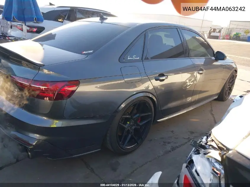 2021 Audi S4 Premium Plus Tfsi Quattro Tiptronic VIN: WAUB4AF44MA063242 Lot: 44104029