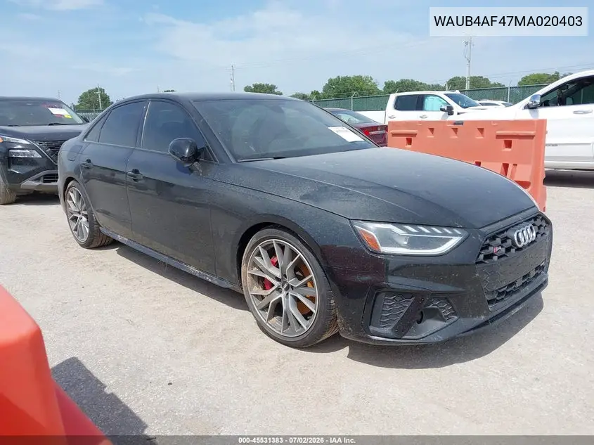 2021 Audi S4 Premium Plus Tfsi Quattro Tiptronic VIN: WAUB4AF47MA020403 Lot: 45531383