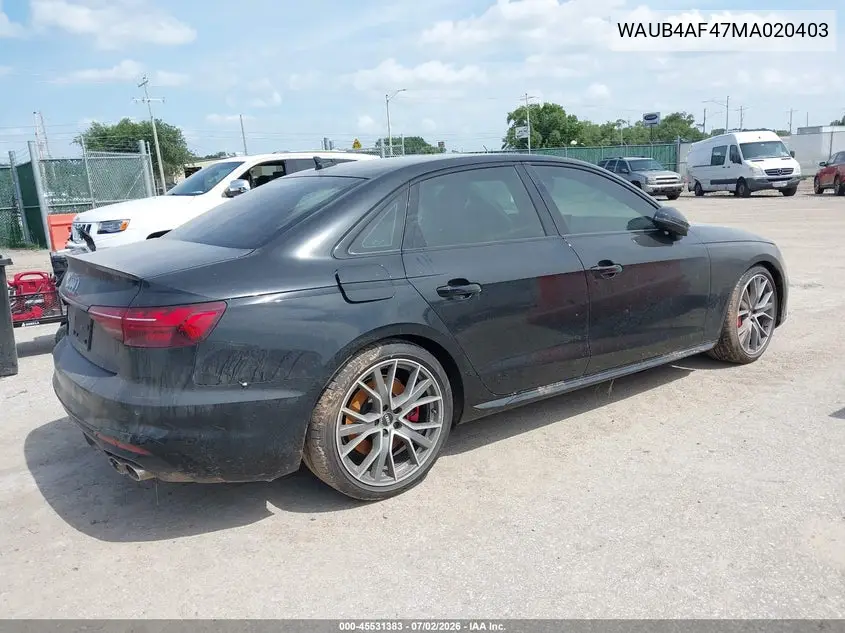 2021 Audi S4 Premium Plus Tfsi Quattro Tiptronic VIN: WAUB4AF47MA020403 Lot: 45531383