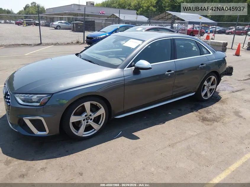 2022 Audi S4 Premium Plus Tfsi Quattro Tiptronic VIN: WAUB4AF42NA045937 Lot: 45501966