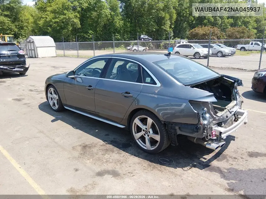 2022 Audi S4 Premium Plus Tfsi Quattro Tiptronic VIN: WAUB4AF42NA045937 Lot: 45501966