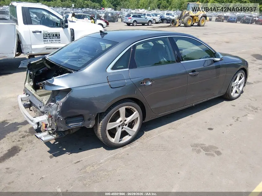 2022 Audi S4 Premium Plus Tfsi Quattro Tiptronic VIN: WAUB4AF42NA045937 Lot: 45501966