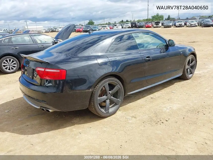 2008 Audi S5 Quattro VIN: WAURV78T28A040650 Lot: 30091288