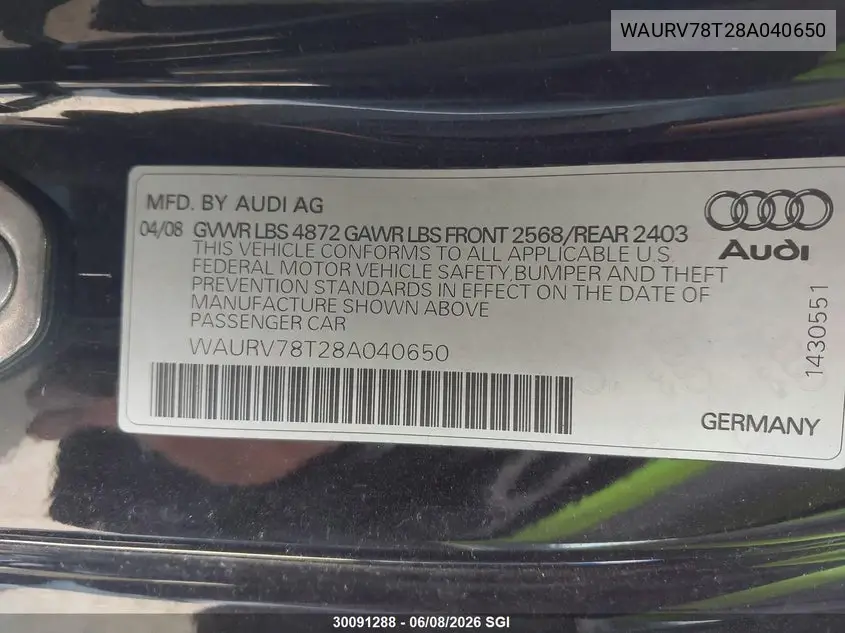 2008 Audi S5 Quattro VIN: WAURV78T28A040650 Lot: 30091288