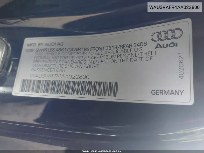 2010 Audi S5 4.2 Premium Plus VIN: WAU3VAFR4AA022800 Lot: 44110840