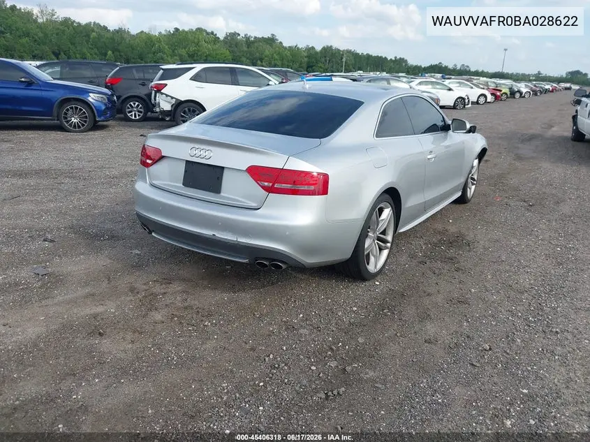 2011 Audi S5 4.2 Premium Plus VIN: WAUVVAFR0BA028622 Lot: 45406318