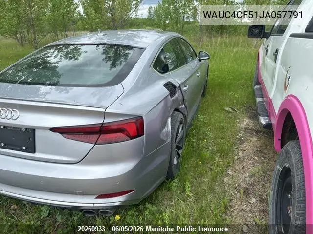 2018 Audi S5 3.0T Quattro VIN: WAUC4CF51JA057791 Lot: 20260933