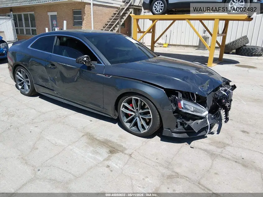 2018 Audi S5 3.0T Premium Plus VIN: WAUR4AF51JA002482 Lot: 45050633