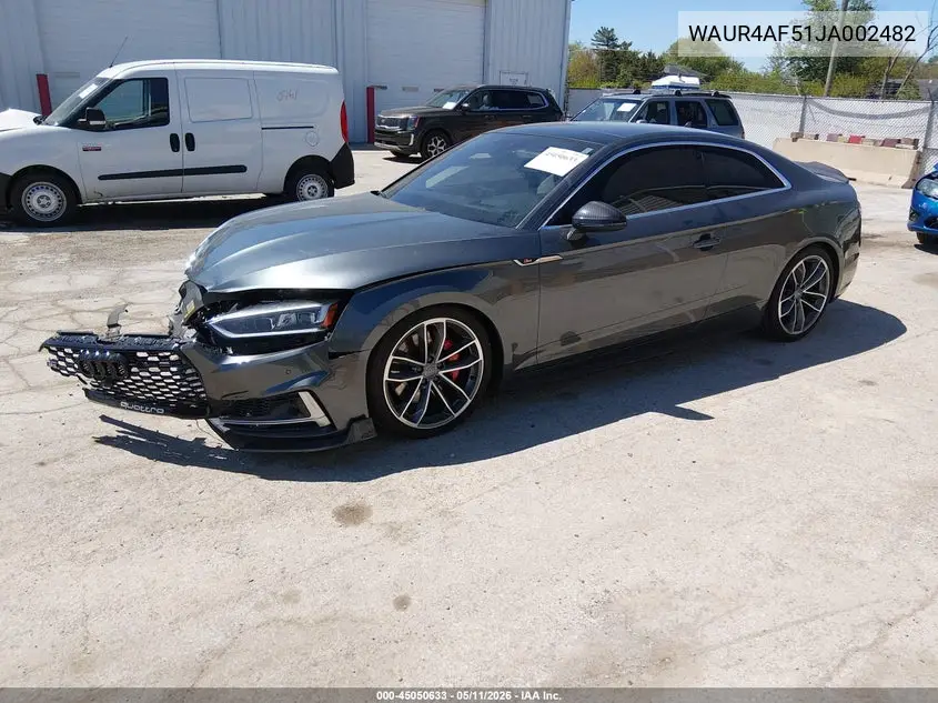 2018 Audi S5 3.0T Premium Plus VIN: WAUR4AF51JA002482 Lot: 45050633