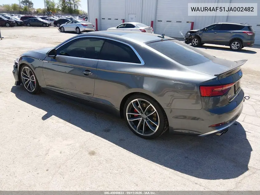 2018 Audi S5 3.0T Premium Plus VIN: WAUR4AF51JA002482 Lot: 45050633