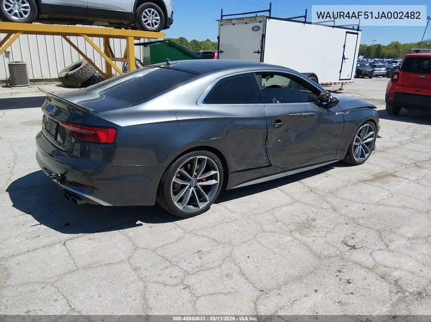 2018 Audi S5 3.0T Premium Plus VIN: WAUR4AF51JA002482 Lot: 45050633