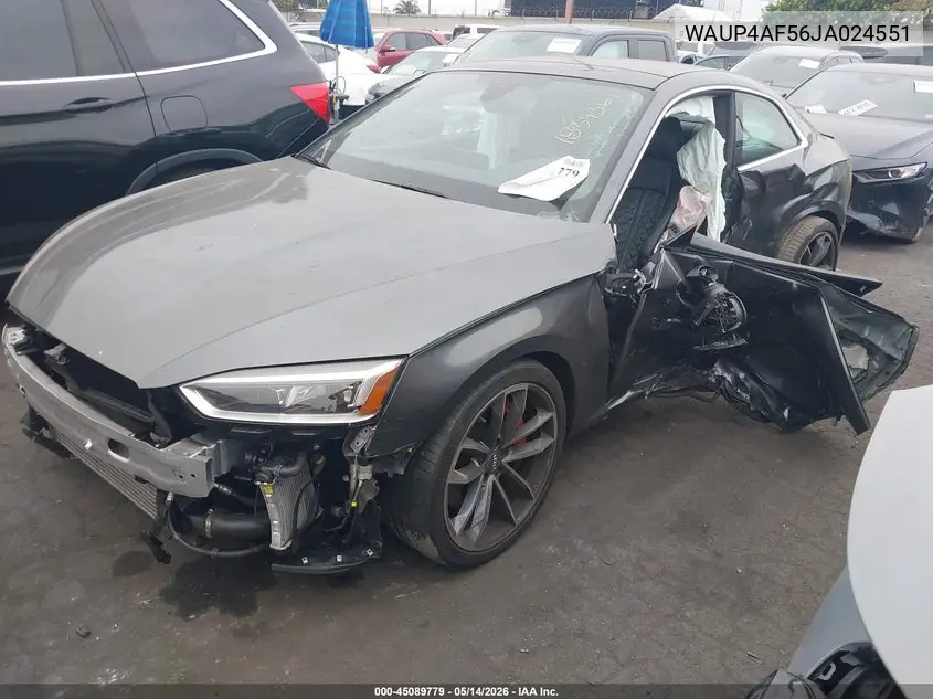 2018 Audi S5 3.0T Premium Plus VIN: WAUP4AF56JA024551 Lot: 45089779