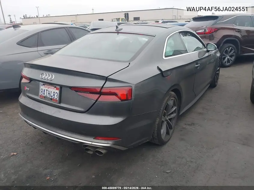 2018 Audi S5 3.0T Premium Plus VIN: WAUP4AF56JA024551 Lot: 45089779