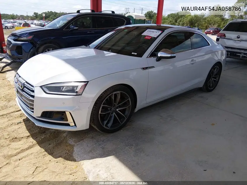 2018 Audi S5 3.0T Premium Plus VIN: WAUR4AF54JA058786 Lot: 45094717