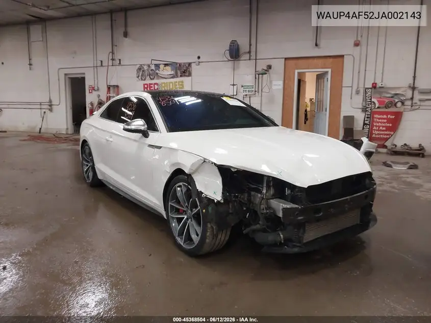 2018 Audi S5 3.0T Premium Plus VIN: WAUP4AF52JA002143 Lot: 45368504