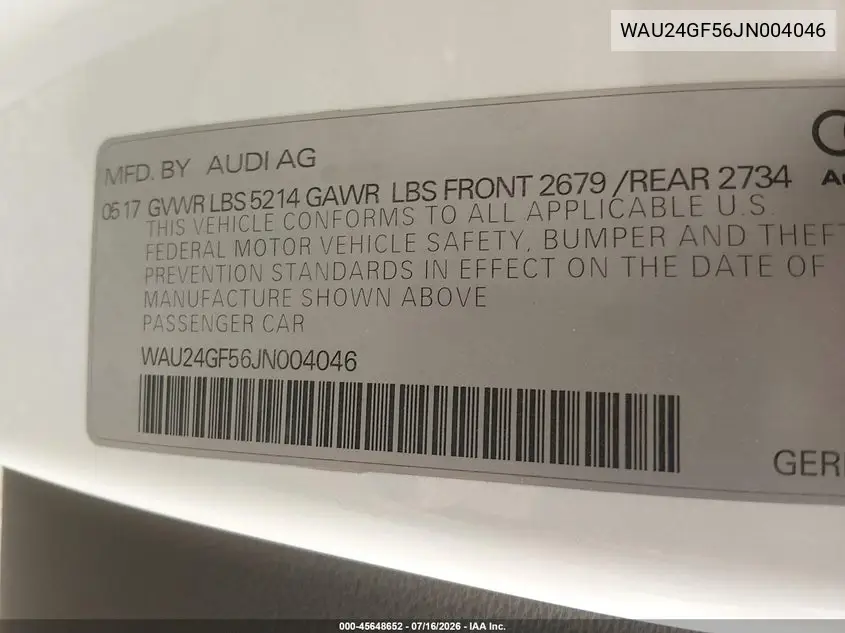 2018 Audi S5 3.0T Premium Plus VIN: WAU24GF56JN004046 Lot: 45648652