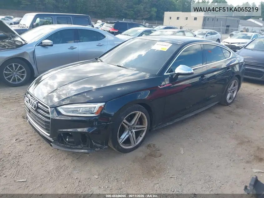 2019 Audi S5 3.0T Premium VIN: WAUA4CF51KA065219 Lot: 45346065