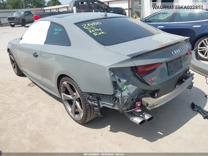 2019 Audi S5 3.0T Premium VIN: WAUR4AF55KA022851 Lot: 45456950