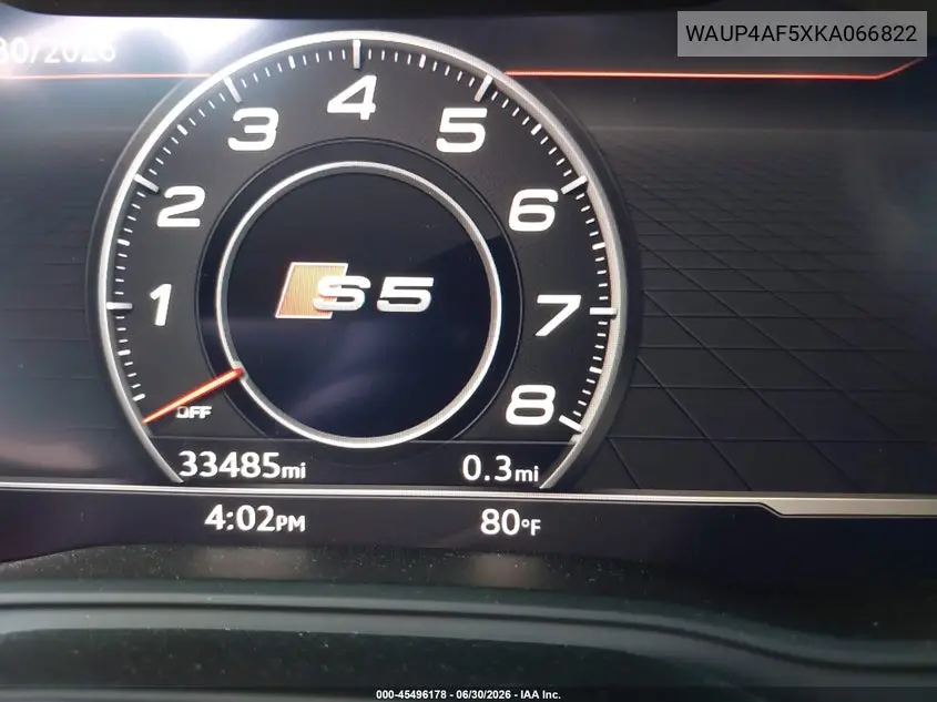 2019 Audi S5 3.0T Premium VIN: WAUP4AF5XKA066822 Lot: 45496178