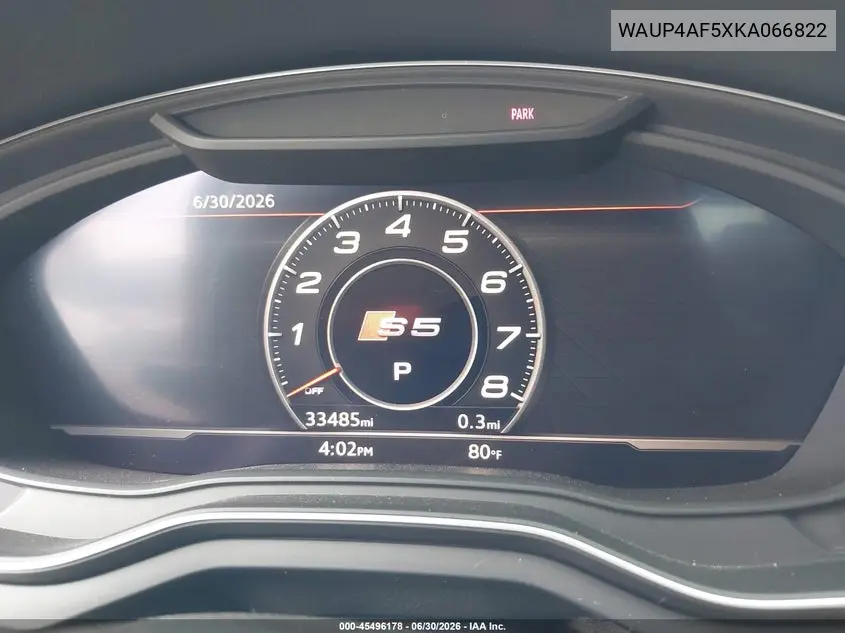 2019 Audi S5 3.0T Premium VIN: WAUP4AF5XKA066822 Lot: 45496178